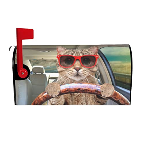 Magnetic Mailbox Cover Fun Cute Cat Driving Car Post Box Cover Wrap Decoration Garden Outdoor Standard Size 21 X 18 In #TOP14