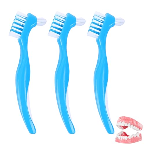 YUVKIN 3 Cepillos Premium para Higiene de Prótesis Dentales, Cepillo Doble con Cerdas Multicapa, Mango Antideslizante de Goma, Ideal para Limpieza de Dentaduras, Retainers, Aligners y Brackets