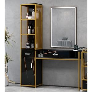 Merax Barber Salon Station, Wall Mount Hair Styling Salon Equipment with Lockable Drawer & Large Cabinet, Beauty Spa Furniture Set, Faux Marble Top, Black