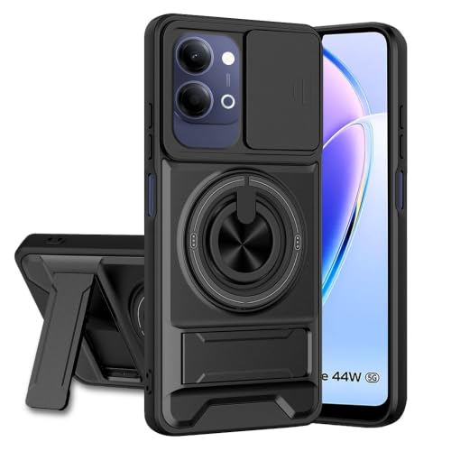 Image of Vivo T5 Lite 44W 5G Back Cover | Armor Camera Slider 360 Degree Rotating Finger Ring Holder Case with Bracket Stand Back Case Cover (Compatible with MagSafe Accessories) (Black)
