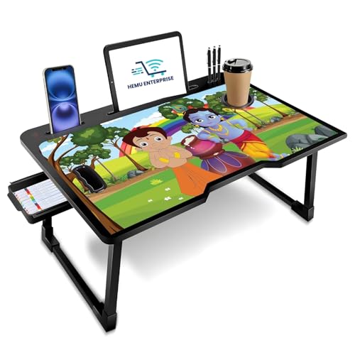 Image of Foldable Wooden Mini Laptop Table for Bed, Study Table with Drawer, Mobile Holder (COTTED BHIM Krishna)