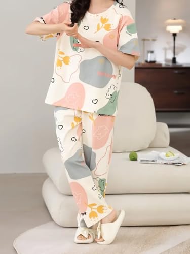 Image of GLASGO Women's Cotton Pajama Set with Top & Pants|| Korean Night Wear|| Loose Fit Home Wear || Lightweight Printed Set || Soft & Comfy Sleepwear for Girls & Women || LNS-4-$