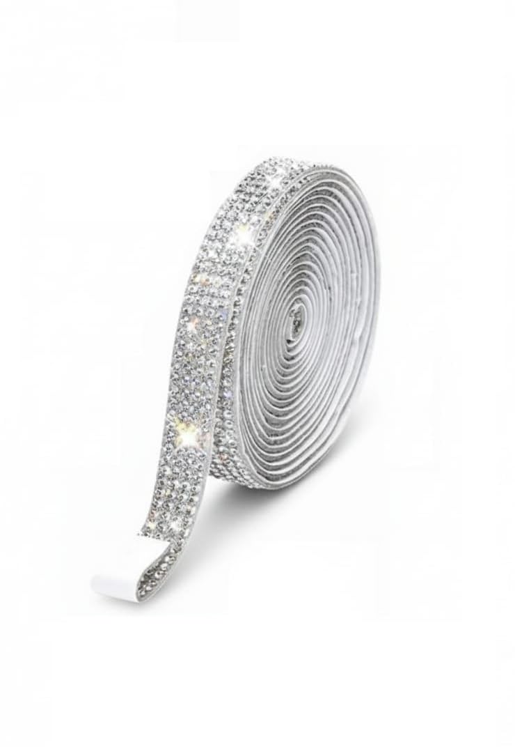 Self Adhesive Peel and Stick Rhinestone Ribbon, Silver Crystal Diamond Strip, 1 Meter Roll, Glitter Embellishment for DIY Crafts, Fabric, Car, Shoes Decoration (1MTR)