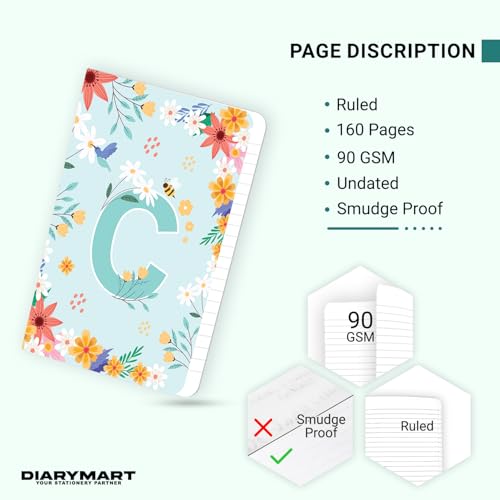 Image of Initial C Premium Soft Bound Notebook Diary for Girls and Women (B6, 90 GSM, 160 Ruled Pages) Floral Design Notebook Journal Diary