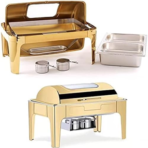 Roll Top Chafing Dish, 9L Full Size Stainless Steel Rectangular Chafer Food Warmer with Food Pan, Water Pan and Fuel Holders for Buffet, Wedding, Parties, 1 Pack,