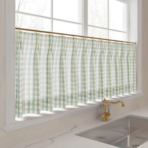Image of TWOPAGES Pinch Pleat Cafe Curtains 24 Inch Long Buffalo Plaid Light Filtering Farmhouse Half Window Curtains for Kitchen (Light Green Small Plaid, 26W x 24L Inches, Set of 2)