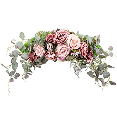 WANNA-CUL 24 Inch Rustic Rose Flower Swag for Wedding Arch Decor,Spring Wine Red Floral Swag with Eucalyptus Leaves for Lintel Arch Door Wreath for Wall Decoration