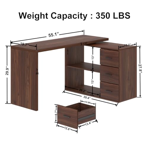 Image of HSH Walnut L Shaped Desk Corner Desk with 3 Storage Drawers 55 inch