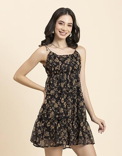 Image of Moomaya Women Printed Mini Dress, Strappy Shoulders Tiered Short Summer Dress
