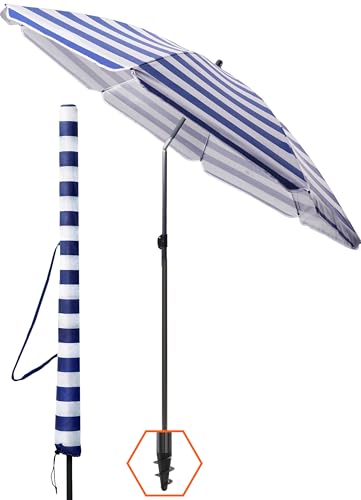 4smile Strandschirm SunnyJoy, Ø 180 cm Blau-Weiß - UPF 50+ Sonnenschirm Strand mit Hülle, Sonnenschirm Balkon - Strandschirm windfest stabil, platzsparender Balkon Schirm als Ersatz für Kurbelschirm 1