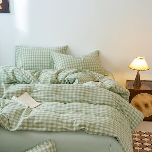 Image of EAVD Vintage Style Green&White Plaid Gingham Duvet Cover Queen Soft 100% Washed Cotton Fresh Grid Checkered Gingham Bedding Set with 2 Pillowcases Farmhouse Green Plaid Duvet Cover with Zipper Closure