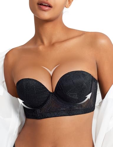 Image of Strapless Push Up Bra for Women Padded Underwire Support Convertible Lace Longline Bombshell Bras