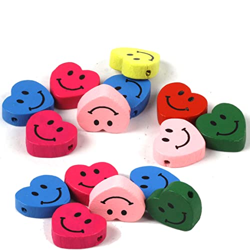 Wooden Beads for Threading 20 Pieces Motif Colourful Beads Set for DIY Bracelets Jewellery Necklaces Mixed Colour (Heart with Smiley Face 17 mm) - Image 3