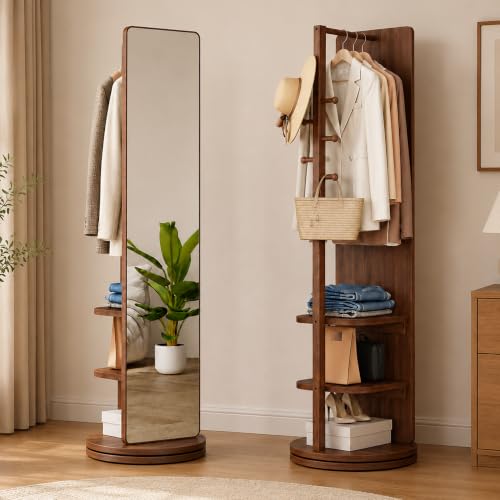 Full Length Mirror with Coat Rack & Storage, 360° Rotating Solid Wood Standing Floor Mirror, Mirror Organizer with Hooks & 3-Tier Shelves for Bedroom, Entryway (Walnut Brown, 66" x 18")