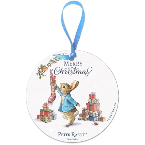 Image of Round Metal Dangler Ornament Sign (75 mm Diameter) - Beatrix Potter Peter Rabbit (Christmas Stocking)