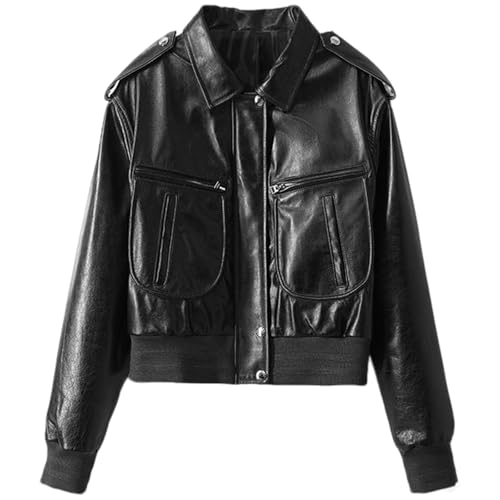 Chaqueta de piel de vaca vintage mujer abrigo corto de motociclista resistente al viento