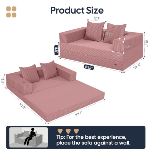Image of COMAX Futon Sofa Bed, Convertible Sofa Bed, Folding Boneless Couches | Boneless Couch for living room, 4‑in‑1 Fold Out Small Foldable Loveseat Floor Sleeper Mattress Lounge Space‑Saving, Pink