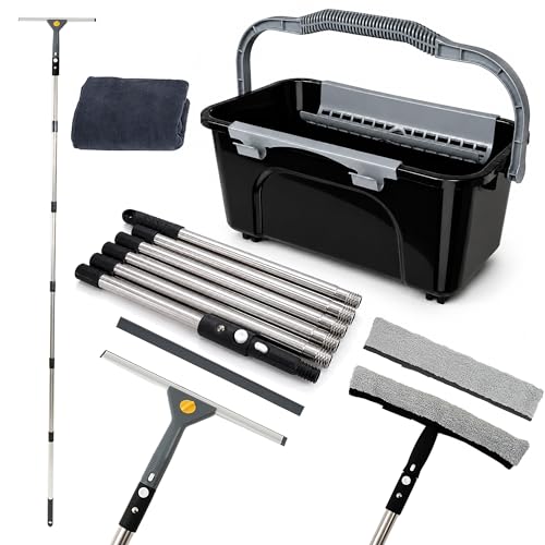Window Washing Kit with Extension Pole(19–94.5'), Window Squeegee with Extension Pole, High Reach Window Cleaning Kit, 3 Gallon Bucket, Streak-Free Outdoor Window Cleaner, Extra Refills
