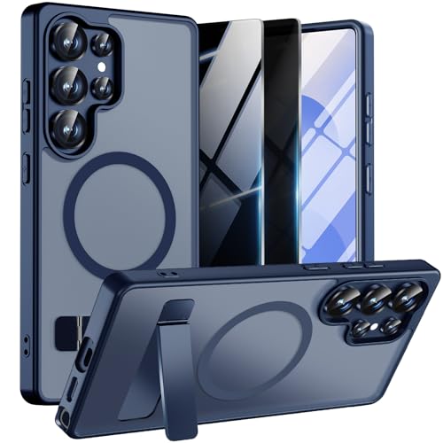 UWQAP Magnetic Case for Samsung Galaxy S25 Ultra with 2X Privacy Screen Protectors,Galaxy S 25 Ultra Phone Case with Stand & Compatible with MagSafe,Shockproof Translucent Matte Protective Cover,Blue