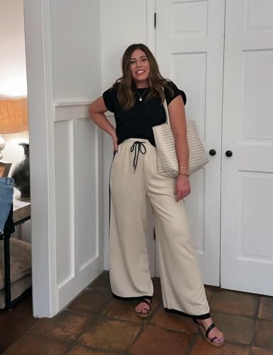 Lentta Womens Linen Wide Leg Pants Side Striped Palazzo Pants Beach Pants with Pockets Lounge Vacation Outfits2