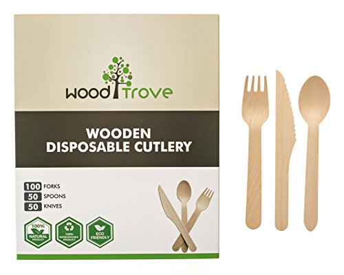 Wooden Cutlery Set 100 Forks 50 Spoons and 50 Knives Biodegradable Flatware Wood Utensils Disposable Wedding Dinnerware Eco Friendly Kids Eating Flatware For Party Serving Compostable Birch Silverware