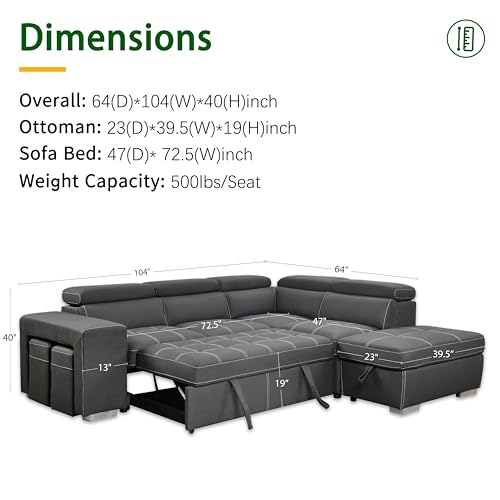 THSUPER 104'' Microfiber L Shaped Sectional Sleeper Sofa Couch with Pull Out Bed and Storage Ottoman, Convertible Couches with Adjustable Headrest for Living Room, Right Facing Chaise. Charcoal Grey