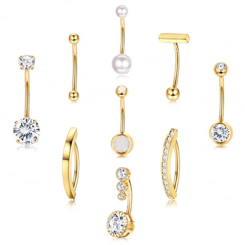 Image of FIASASO 9 Pcs Belly Button Ring - Surgical Stainless Steel CZ Belly Rings Clicker Belly Piercings for Women Navel Piercing Jewelry Pack