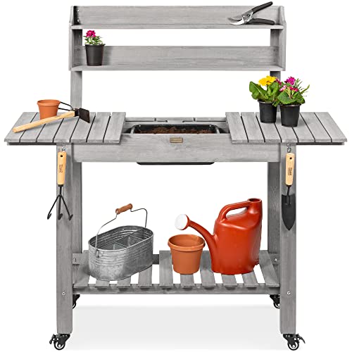 Best Choice Products Mobile Garden Potting Bench, Outdoor Wood Workstation Table w/Sliding Tabletop, 4 Locking Wheels, Food Grade Dry Sink, Storage Shelves - Gray