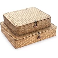 Seagrass Storage Baskets with Lid, Flat Wicker Basket, Rattan Storage Bins, Shallow Woven Basket for Shlef, Decorative Storage Boxes for Organizing
