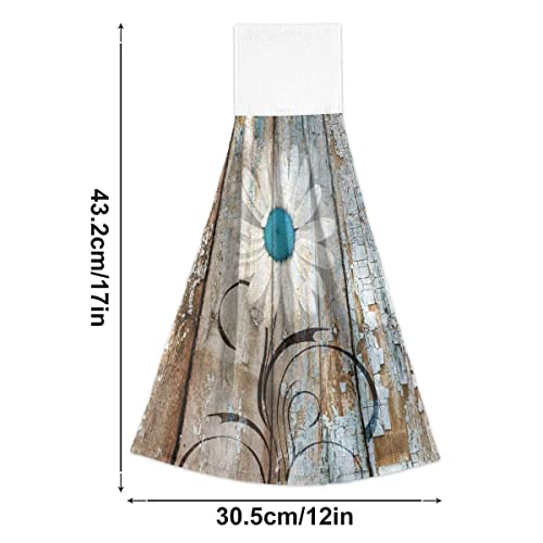 Rustic Daisy Hanging Towels Set 2 Pcs Wood Grain Soft Absorbent Fingertip Towel Dishcloths For Bathroom Washroom Guestroom Kitchen #TOP2