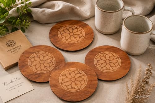 Image of Round Wooden Trivet Set of 4 (20cm) | Heat Resistant Hot Pot Stand | Bamboo Table Mats with Engraved Design | Anti-Slip Dining Table Protector | Wooden Coaster for Kitchen & Cookware (Classic Floral)