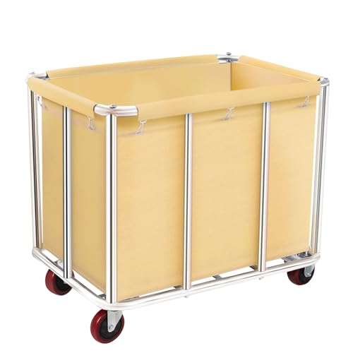 Commercial Laundry Cart with Wheels, 11.35 Bushels Large Roller with Removable Waterproof Canvas Lined Basket, Heavy Duty Stainless Steel for Hotels and Hospitals
