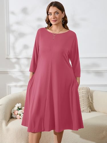 Image of AusLook Women's Plus Midi Dresses Crew Neck A Line 3 /4 Sleeves Casual Elegant Loose Wedding Vacation Dress with Pockets
