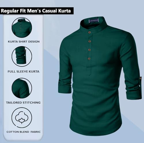 Image of Zombom Men's Cotton Blend Solid Casual Regular Fit Mandarin /Chinese Collor Short Full Sleeve Kurta for Men