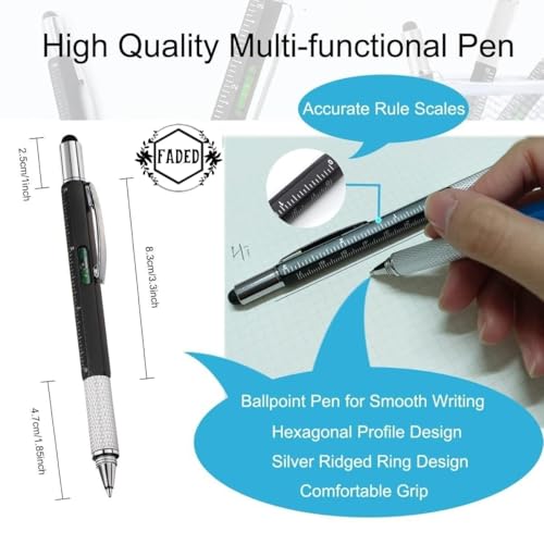 Image of Faded 6-in-1 MultiTool Pen Set | All-in-One Ballpoint Pens with Stylus, Ruler, Level, Flat & Phillips Screwdrivers | Compact & Versatile Tool Pens (Pack of 2)