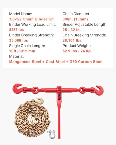 Image of VEVOR Chain and Binder Kit 3 /8 in-1 /2 in, Ratchet Load Binders 8267 lbs Working Strength, Ratchet Binders and Chains, 3 /8 in x 10 ft G80 Chains with G70 Hooks, for Truck, Tie Down, Hauling, Towing