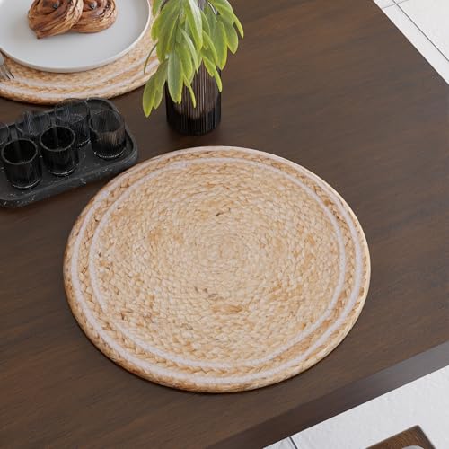 Image of Encasa XO Dining Table Mats Set of 2 | Jute Round Placemat - 32 cm Diameter | Off White & Jute Natural Bleach Color | Handmade Style Chargers for Dinner Plates