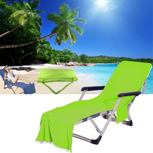 Sun Lounger Towel in Bag with Pockets Storage, Beach Towel with Pockets for Lounger, Large Extra Long Beach Towels, for Pool, Chaise Lounge, Sunbathing, Patio, Garden (Green)