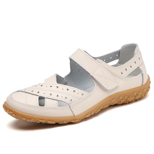 VLOOKST Mary Jane Chaussures plates en cuir avec soutien de la voûte plantaire pour femme, beige, 38.5 EU