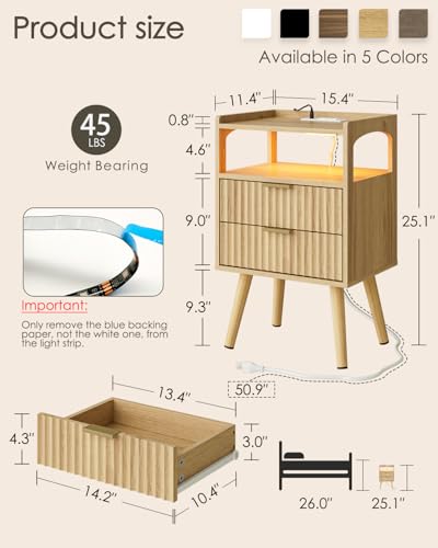 AEPOALUA Nightstand with Charging Station and LED Lights, Modern Bedside Table with 2 Drawers and Open Shelf, Solid Wood Legs End Table for Bedroom (Oak)