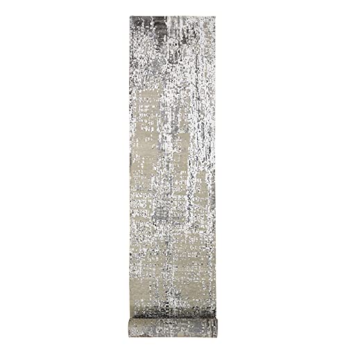 Shahbanu Rugs Hand Knotted Abstract Runner Rug, Silver, Wool, 2'6"x12',