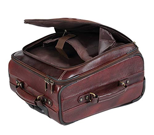 Image of HAINE Genuine Leather Overnighter Travel Trolley Cabin Luggage Bag, Brown