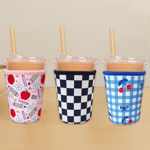 Image of Reusable Insulated Neoprene Iced Coffee Cup Sleeve, Durable Drink Sleeve for Cold Beverages, Beverage Holder for Iced Coffee, Cherry Bows