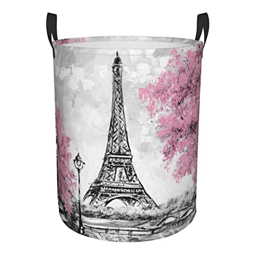 Image of Gbuzozie 38l Round Laundry Hamper Retro Paris Eiffel Tower Storage Basket Waterproof Coating Organizer Bin For Nursery Clothes Toys