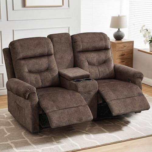 SITURAY Zweisitzer Relaxsessel mit Liegefunktion Fußteil, Manuell Verstellbar 2 Sitzer Fernsehsessel Doppel TV Sessel, 2er Samt Stoffbezug Kinosessel mit Konsole für Wohnzimmer,bis 360 kg (Braun) – Bild 8