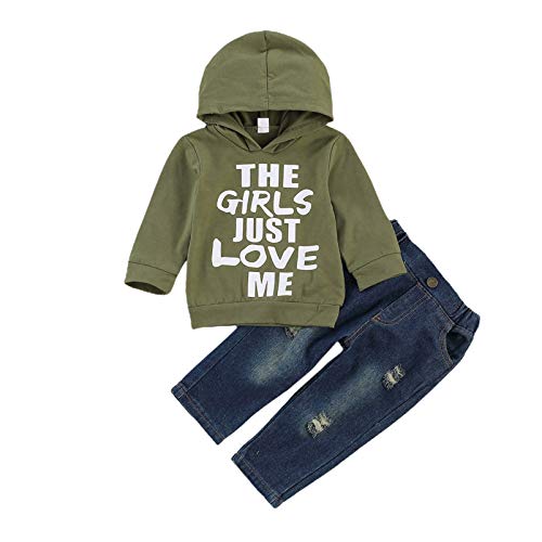 Toddler Baby Boys Hoodie Outfits Long Sleeve Sweatshirts Top Jeans Clothes Fall Winter 2t Outfits (Dark Green Hoodie, 6-12Months)