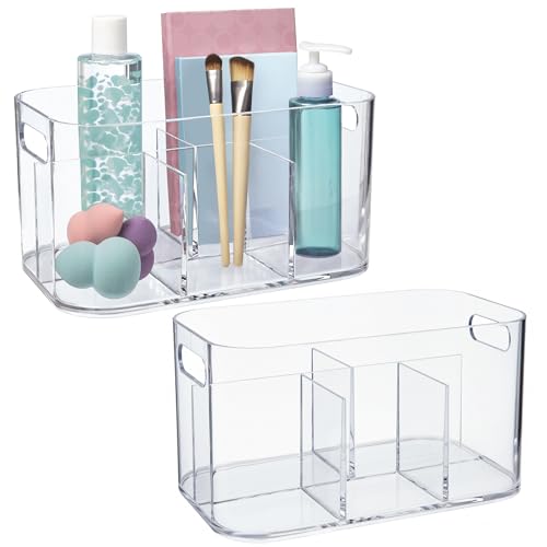 Image of STORi Bliss 5-Compartment Plastic Cosmetics Storage Organizer, Set of 2 | Clear | Rectangular Divided Makeup Bin & Vanity Caddy with Pass-Through Handles | Round Corner Design | Made in USA