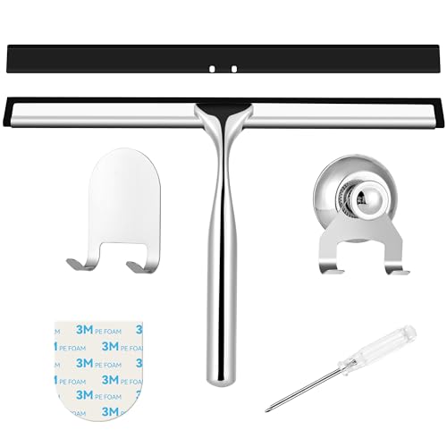 Estrattore doccia in acciaio inox, 25 cm, con estrattore in gomma di ricambio, estrattore doccia con supporto, estrattore per finestre per bagno, specchi e piastrelle, pulizia senza strisce per