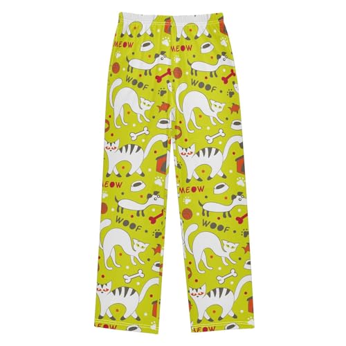 Cartoon Cats Dogs Light-Green Boys Pants for Kids Jogger Pants with Pockets S-XL