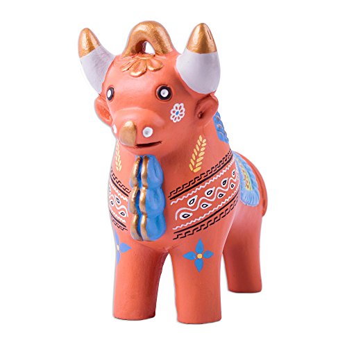 Novica Coral Pink And Gold Hand Painted Ceramic Bull Statuette, Festive Pucara Bull' #TOP12